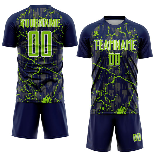 Custom Navy Neon Green-White Lightning Sublimation Soccer Uniform Jersey
