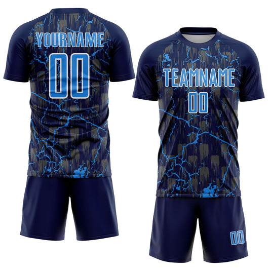 Custom Navy Powder Blue-White Lightning Sublimation Soccer Uniform Jersey