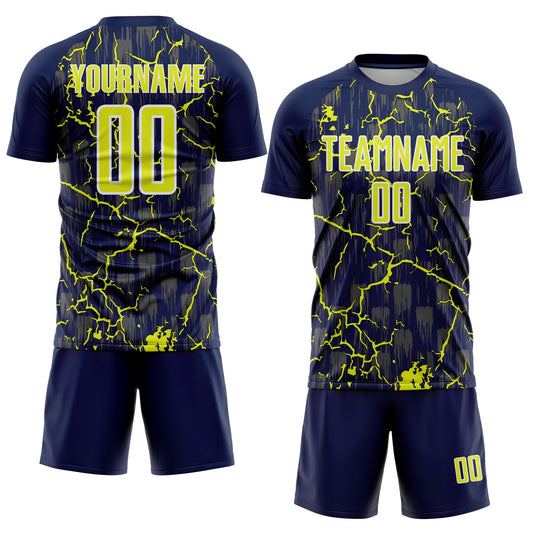 Custom Navy Neon Yellow-White Lightning Sublimation Soccer Uniform Jersey