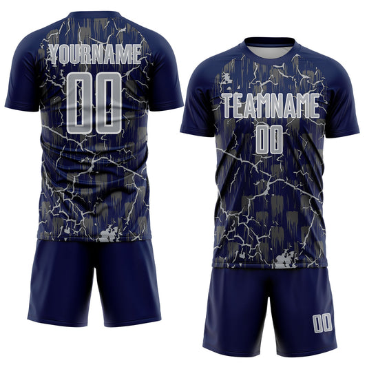 Custom Navy Gray-White Lightning Sublimation Soccer Uniform Jersey