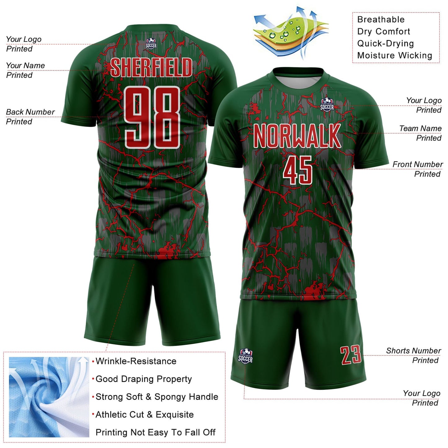 Custom Green Red-White Lightning Sublimation Soccer Uniform Jersey