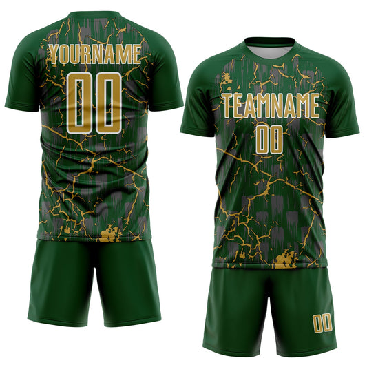 Custom Green Old Gold-White Lightning Sublimation Soccer Uniform Jersey