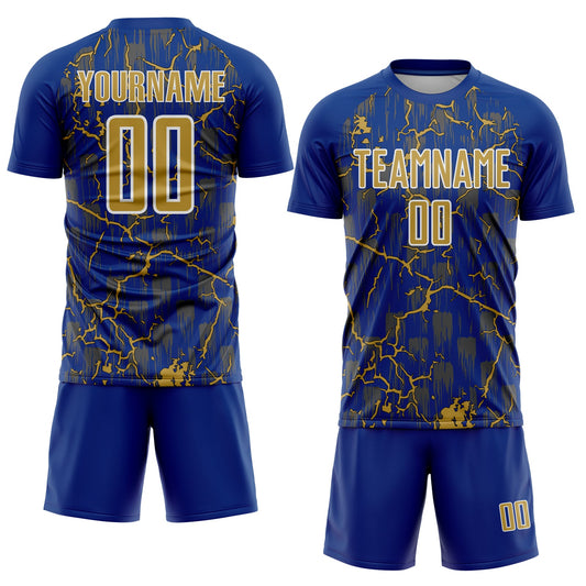 Custom Royal Old Gold-White Lightning Sublimation Soccer Uniform Jersey