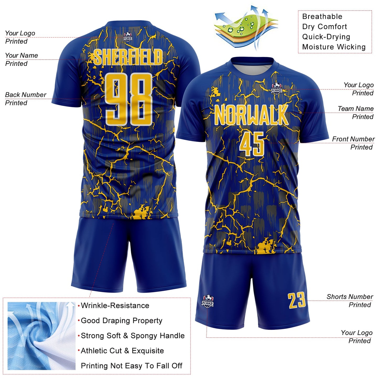 Custom Royal Yellow-White Lightning Sublimation Soccer Uniform Jersey