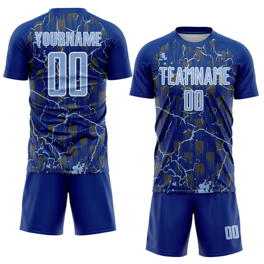 Custom Royal Light Blue-White Lightning Sublimation Soccer Uniform Jersey