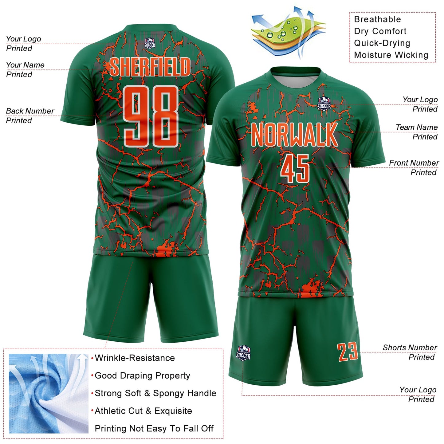 Custom Kelly Green Orange-White Lightning Sublimation Soccer Uniform Jersey