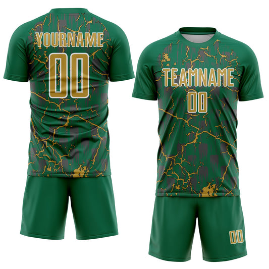 Custom Kelly Green Old Gold-White Lightning Sublimation Soccer Uniform Jersey