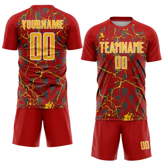Custom Red Gold-White Lightning Sublimation Soccer Uniform Jersey