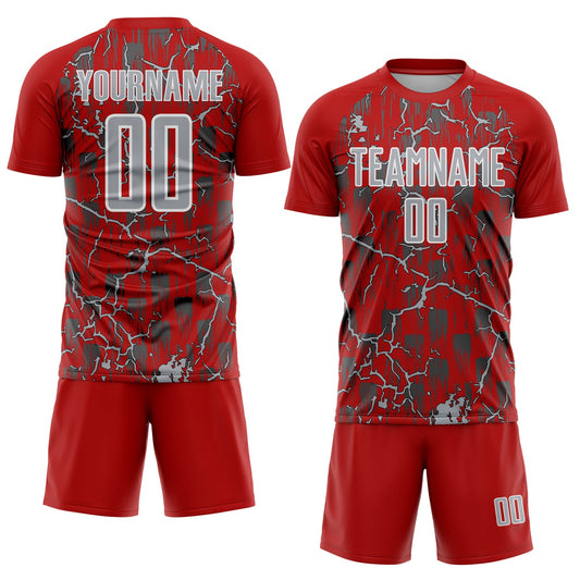 Custom Red Gray-White Lightning Sublimation Soccer Uniform Jersey