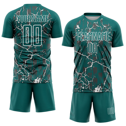Custom Teal White Lightning Sublimation Soccer Uniform Jersey