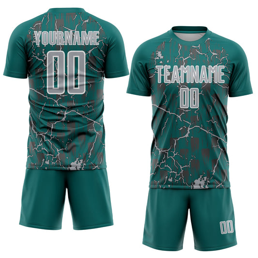 Custom Teal Gray-White Lightning Sublimation Soccer Uniform Jersey