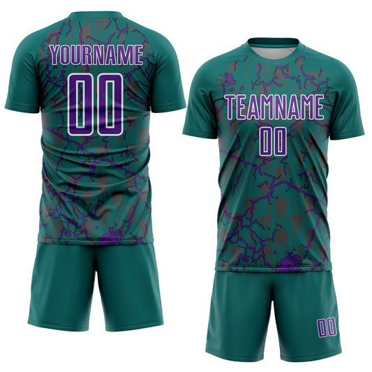 Custom Teal Purple-White Lightning Sublimation Soccer Uniform Jersey