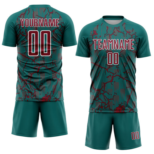 Custom Teal Crimson-White Lightning Sublimation Soccer Uniform Jersey