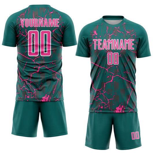 Custom Teal Pink-White Lightning Sublimation Soccer Uniform Jersey