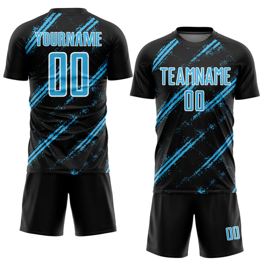 Custom Black Sky Blue-White Abstract Fragment Art Splash Sublimation Soccer Uniform Jersey