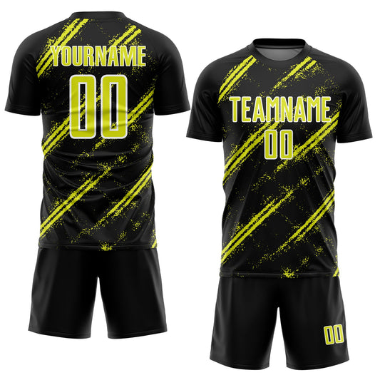 Custom Black Neon Yellow-White Abstract Fragment Art Splash Sublimation Soccer Uniform Jersey