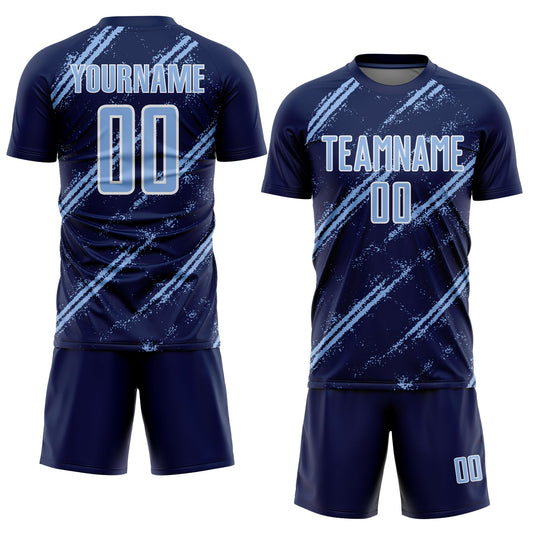 Custom Navy Light Blue-White Abstract Fragment Art Splash Sublimation Soccer Uniform Jersey