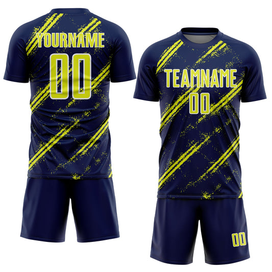 Custom Navy Neon Yellow-White Abstract Fragment Art Splash Sublimation Soccer Uniform Jersey