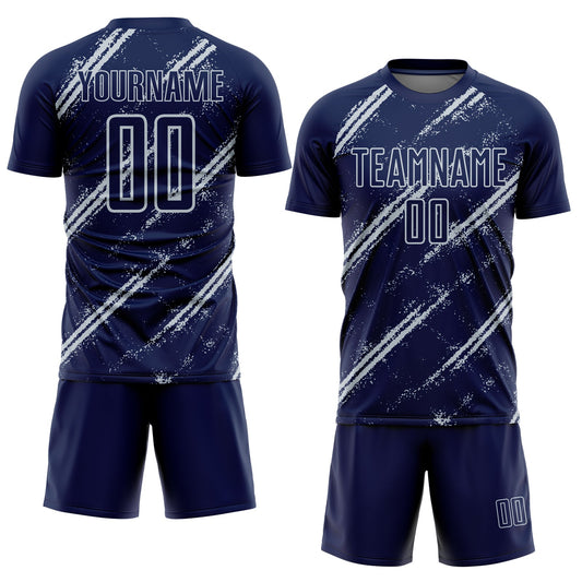Custom Navy Silver Abstract Fragment Art Splash Sublimation Soccer Uniform Jersey