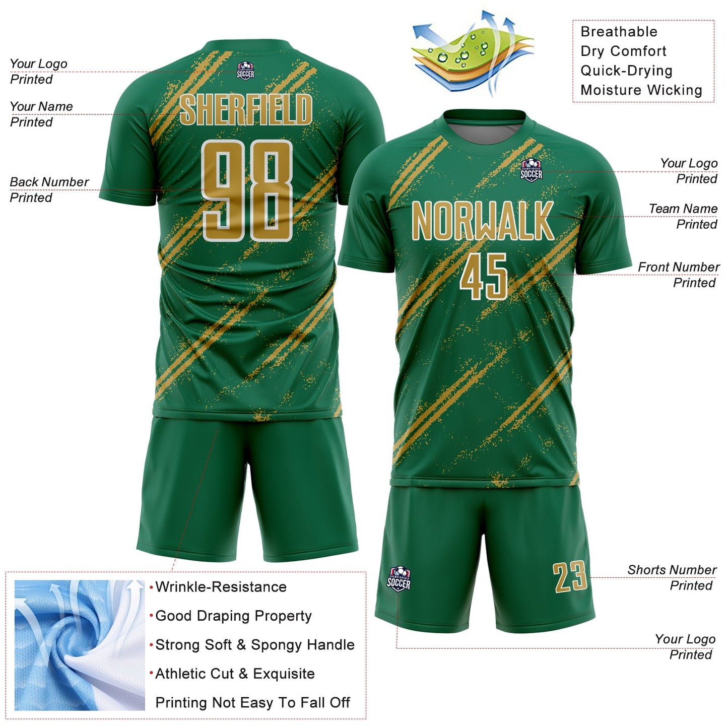 Custom Kelly Green Old Gold-White Abstract Fragment Art Splash Sublimation Soccer Uniform Jersey