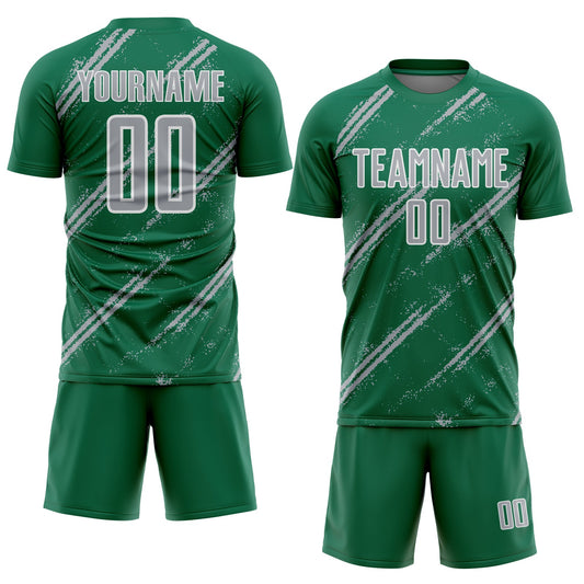 Custom Kelly Green Gray-White Abstract Fragment Art Splash Sublimation Soccer Uniform Jersey