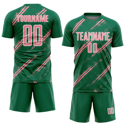 Custom Kelly Green Medium Pink-White Abstract Fragment Art Splash Sublimation Soccer Uniform Jersey