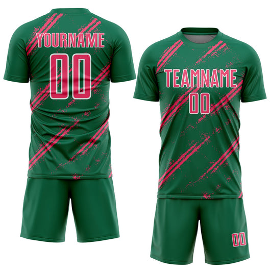 Custom Kelly Green Neon Pink-White Abstract Fragment Art Splash Sublimation Soccer Uniform Jersey