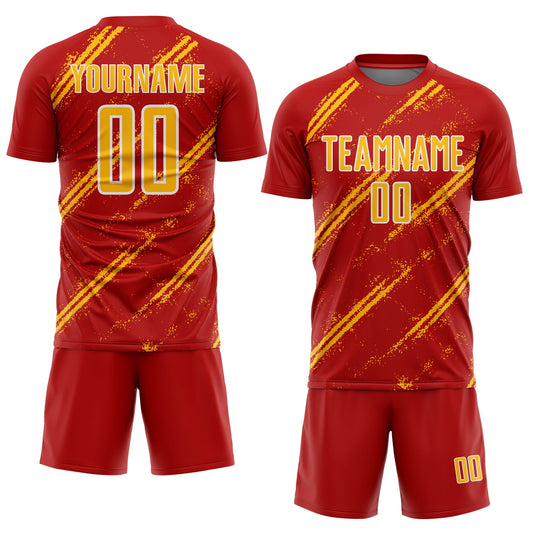 Custom Red Gold-White Abstract Fragment Art Splash Sublimation Soccer Uniform Jersey