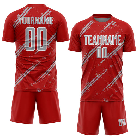 Custom Red Gray-White Abstract Fragment Art Splash Sublimation Soccer Uniform Jersey