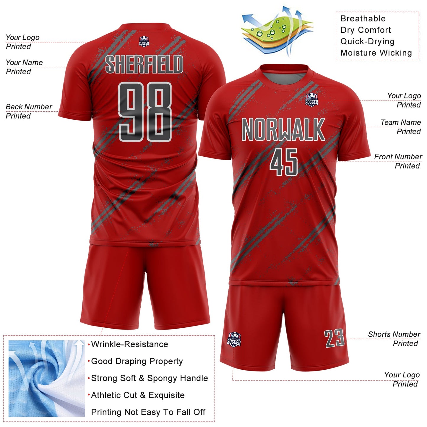 Custom Red Steel Gray-White Abstract Fragment Art Splash Sublimation Soccer Uniform Jersey