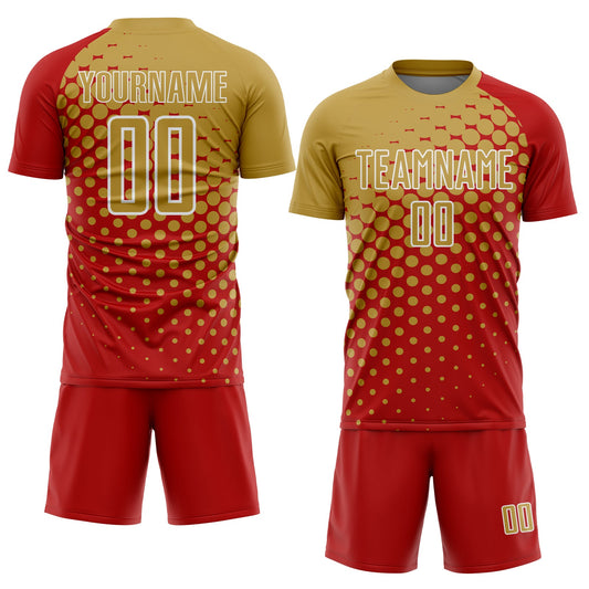 Custom Red Old Gold-White Modern Polka Dot Sublimation Soccer Uniform Jersey