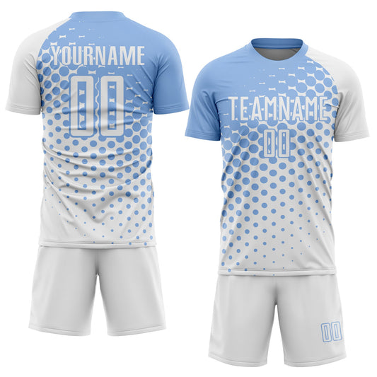 Custom White Light Blue Modern Polka Dot Sublimation Soccer Uniform Jersey