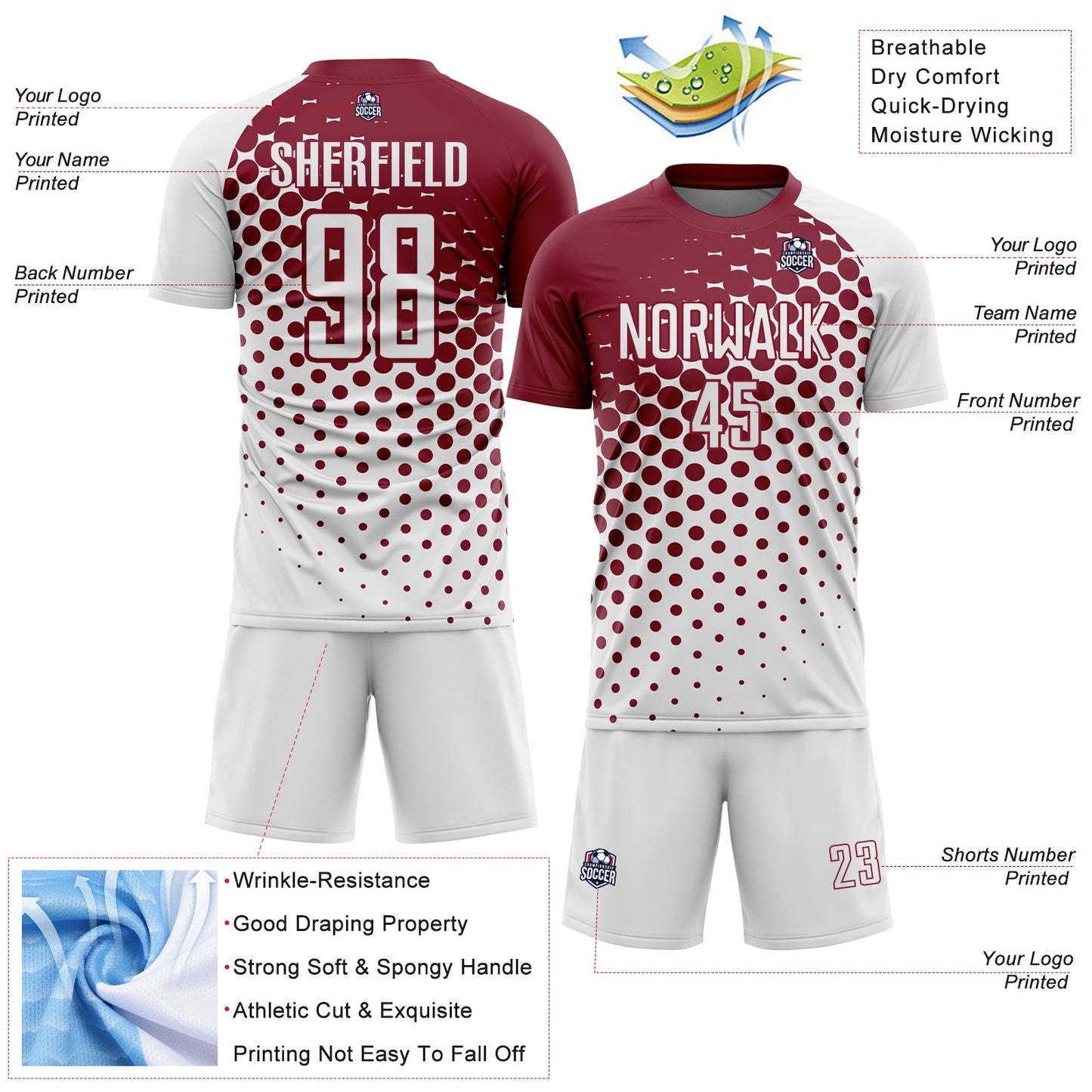 Custom White Crimson Modern Polka Dot Sublimation Soccer Uniform Jersey