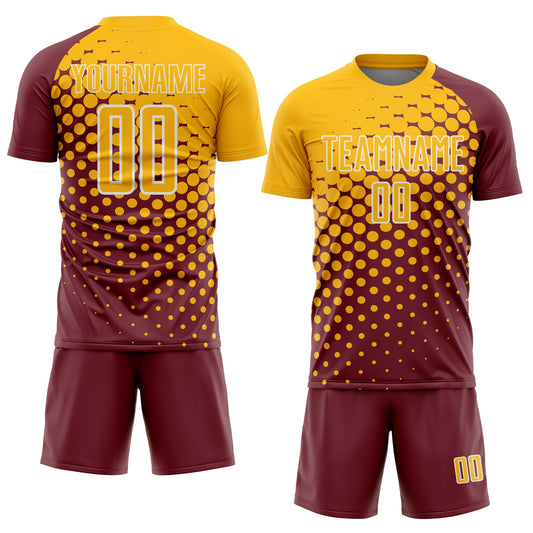 Custom Burgundy Gold-White Modern Polka Dot Sublimation Soccer Uniform Jersey