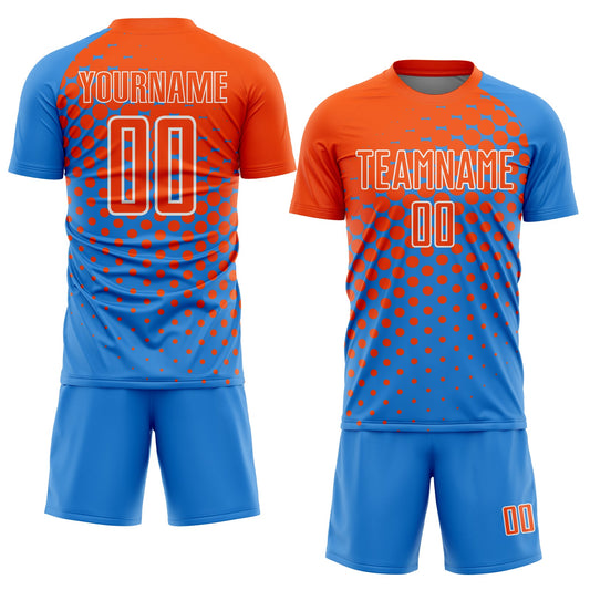 Custom Powder Blue Orange-White Modern Polka Dot Sublimation Soccer Uniform Jersey