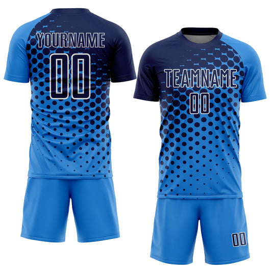 Custom Powder Blue Navy-White Modern Polka Dot Sublimation Soccer Uniform Jersey