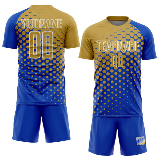 Custom Thunder Blue Old Gold-White Modern Polka Dot Sublimation Soccer Uniform Jersey