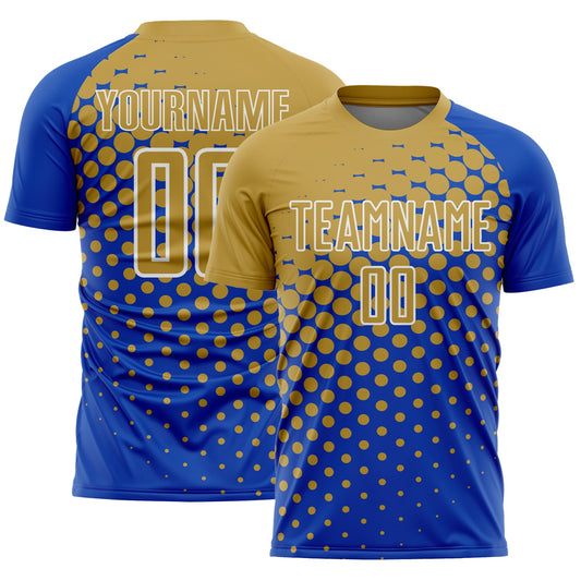 Custom Thunder Blue Old Gold-White Modern Polka Dot Sublimation Soccer Uniform Jersey