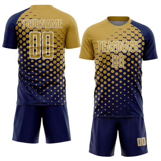 Custom Navy Old Gold-White Modern Polka Dot Sublimation Soccer Uniform Jersey
