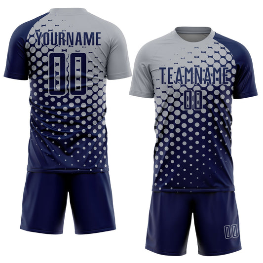 Custom Navy Gray Modern Polka Dot Sublimation Soccer Uniform Jersey