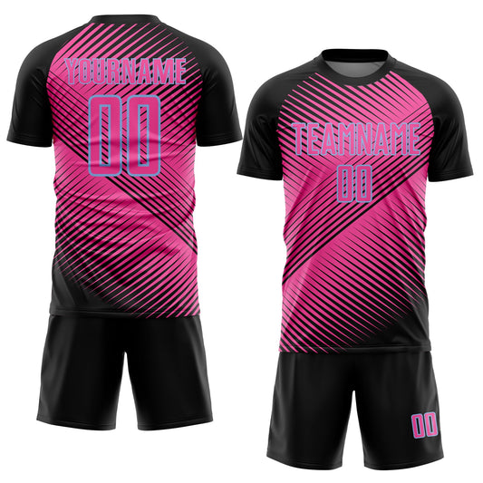 Custom Black Pink-Light Blue Line Sublimation Soccer Uniform Jersey