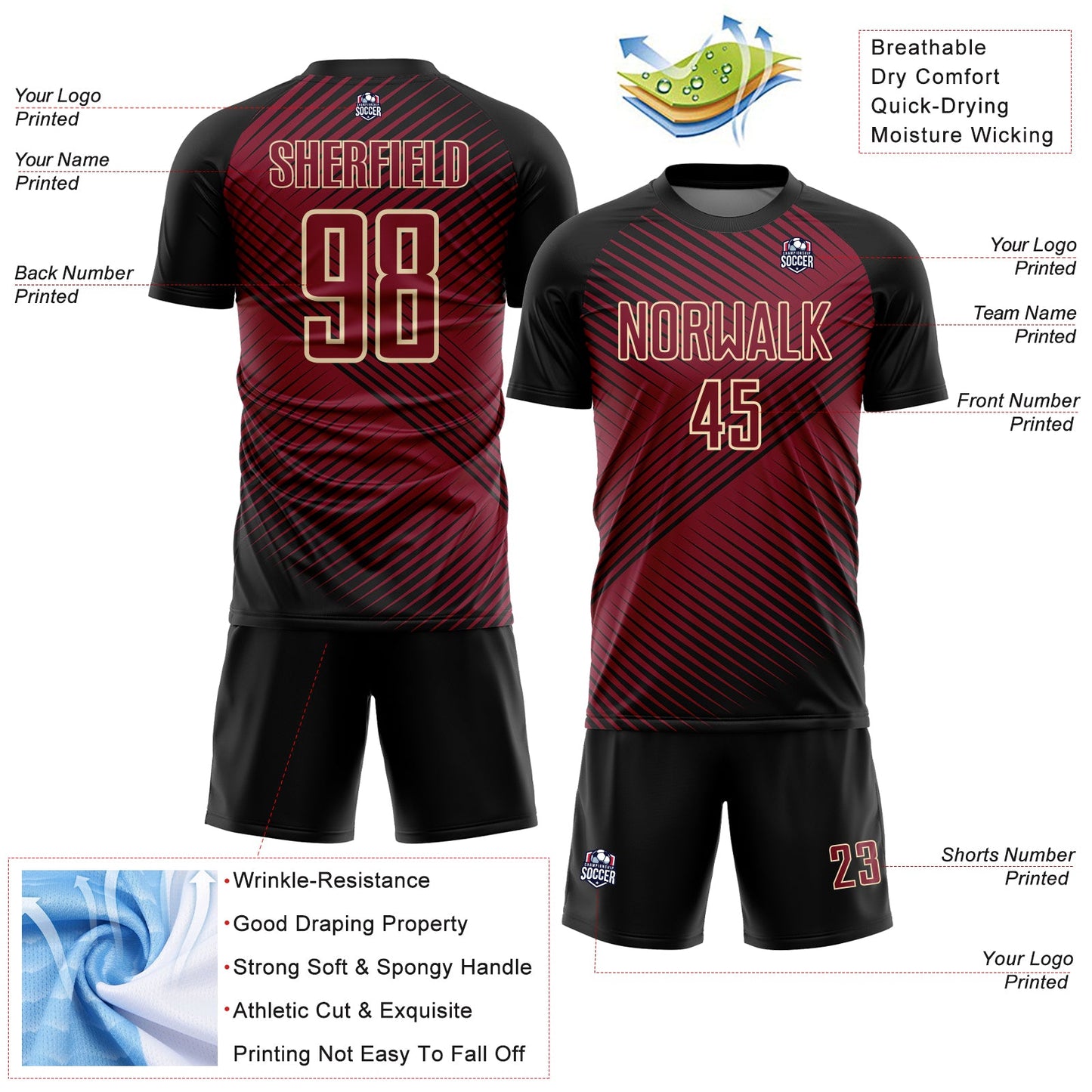 Custom Black Crimson-Cream Line Sublimation Soccer Uniform Jersey