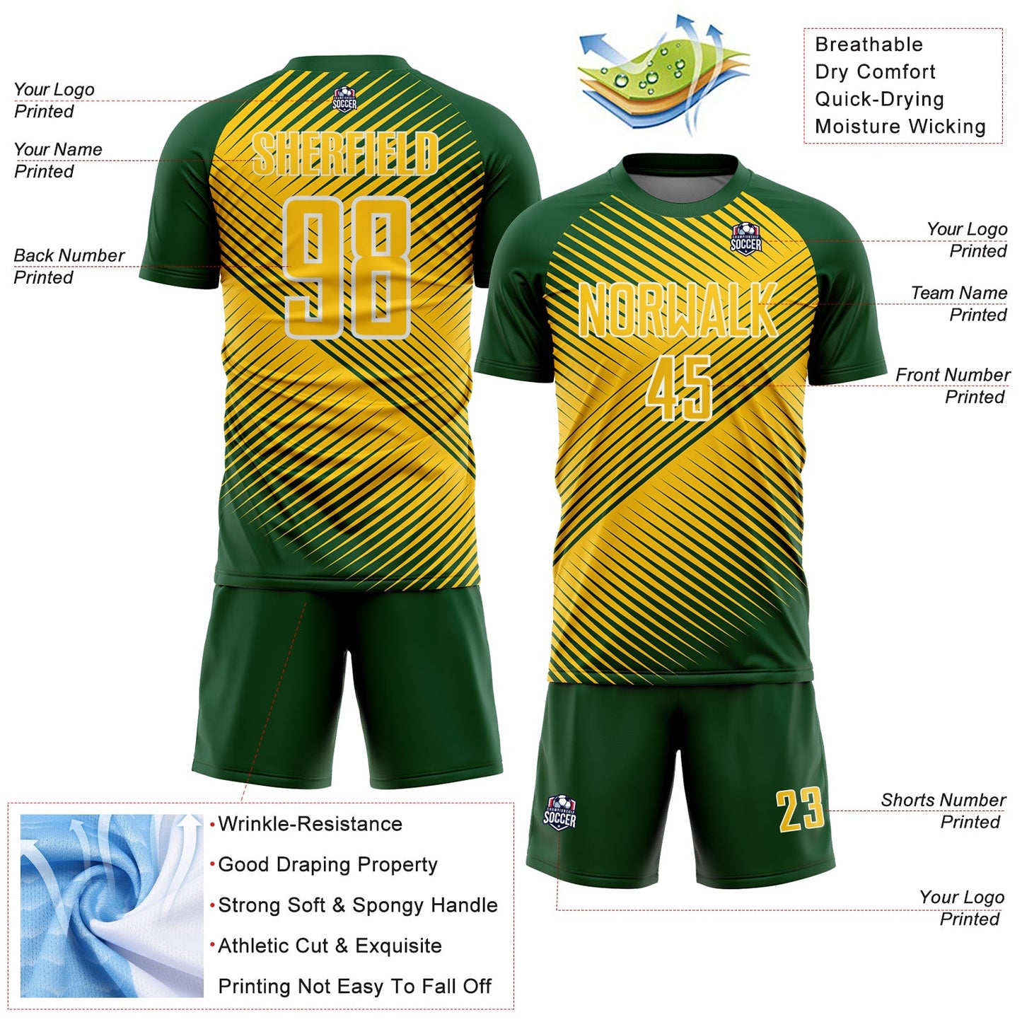 Custom Green Yellow-White Line Sublimation Soccer Uniform Jersey