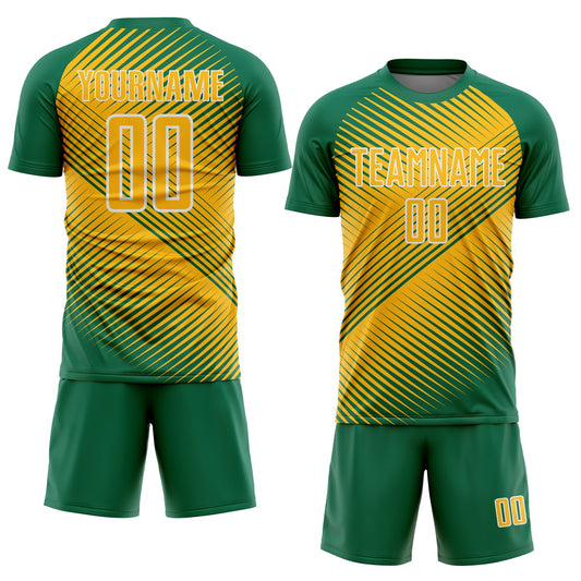 Custom Kelly Green Gold-White Line Sublimation Soccer Uniform Jersey