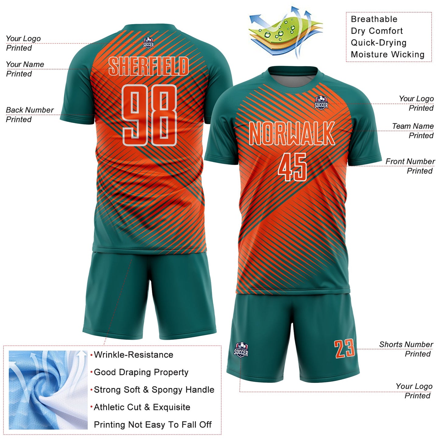 Custom Teal Orange-White Line Sublimation Soccer Uniform Jersey