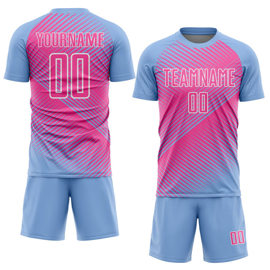 Custom Light Blue Pink-White Line Sublimation Soccer Uniform Jersey