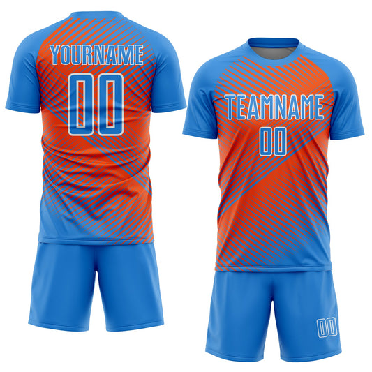 Custom Powder Blue Orange-White Line Sublimation Soccer Uniform Jersey