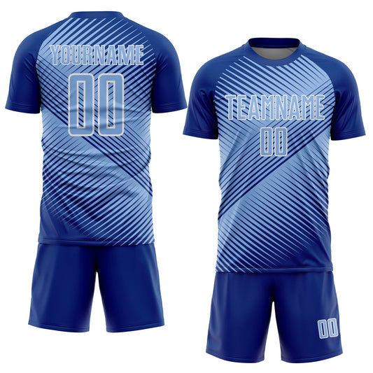 Custom Royal Light Blue-White Line Sublimation Soccer Uniform Jersey