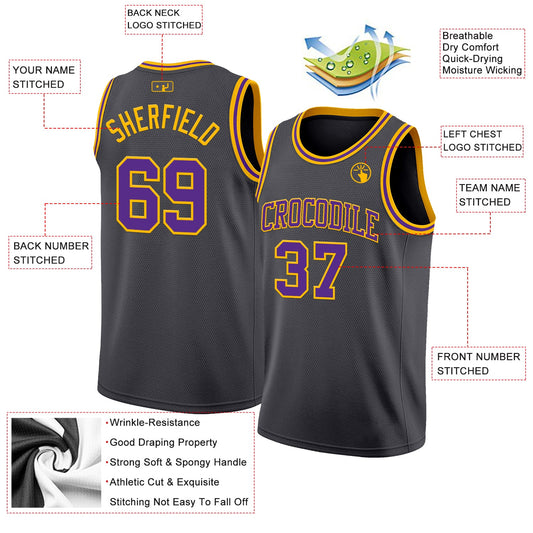 Custom Steel Gray Purple-Gold Authentic Basketball Jersey