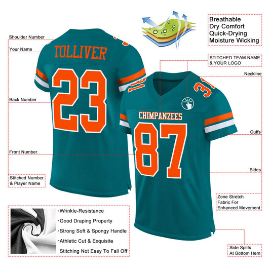 Custom Teal Orange-White Mesh Authentic Football Jersey